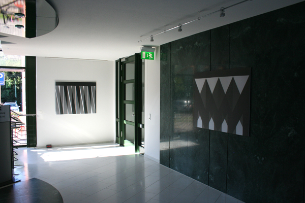 Raum mit zwei C-Prints auf Hartfaser mit grau, grünem Muster